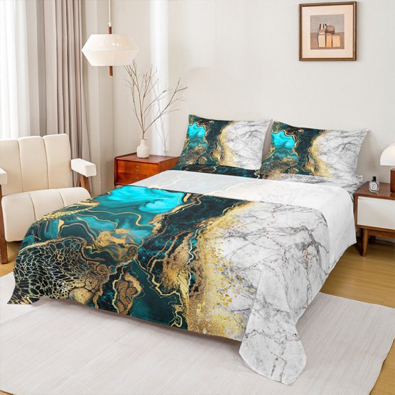 jejeloiu Abstract Fulid Art Bed Sheets,Vintage Marble Desgin King Sheets,Gold Blue White Sheet Set For Adults,Breathable Home Decor,4pcs