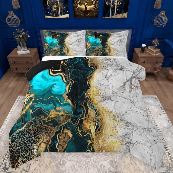 jejeloiu Abstract Fulid Art Bedding Comforter Set,Vintage Marble Desgin Twin Comforter Sets,Gold Blue White Bedding Set For Adults,Breathable Home Decor Reversible,2pcs