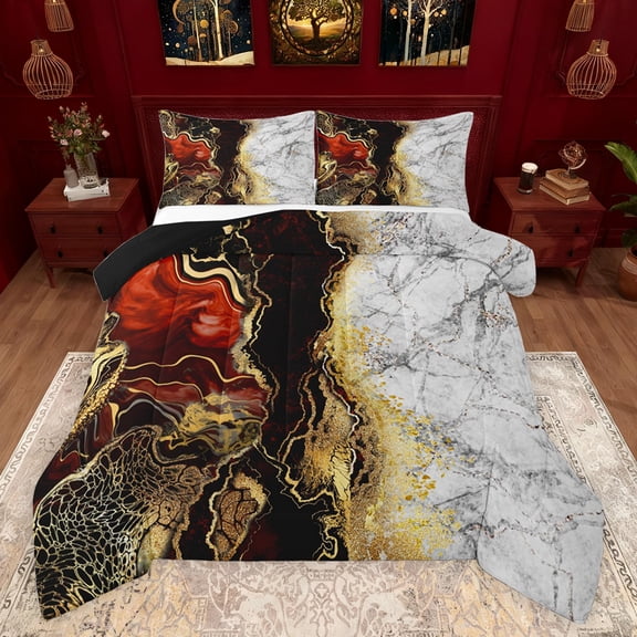 jejeloiu Abstract Fulid Art Queen Comforter Set,Marble Desgin Bedding Sets,Gold Glitter Print Bedding Comforter Set For Adults,Breathable Home Decor Reversible,3pcs