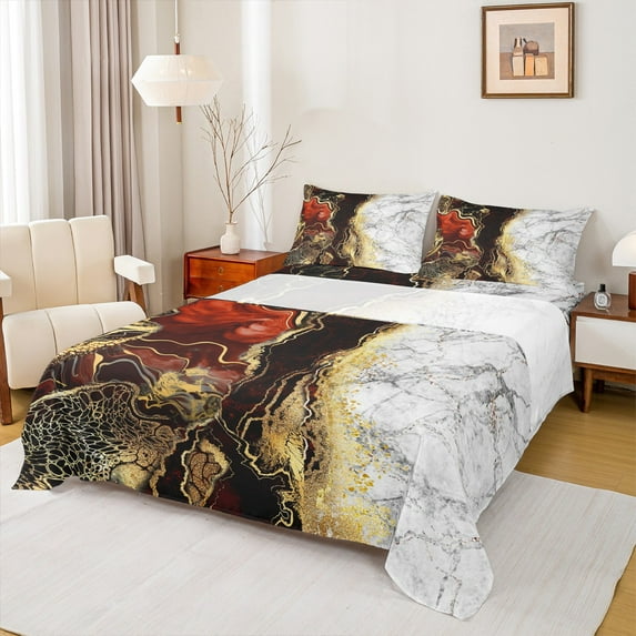 jejeloiu Abstract Fulid Art Twin Sheet Sets,Marble Desgin Twin Fitted Sheet,Gold Glitter Print Flat Sheet For Adults,Breathable Home Decor,3-Piece