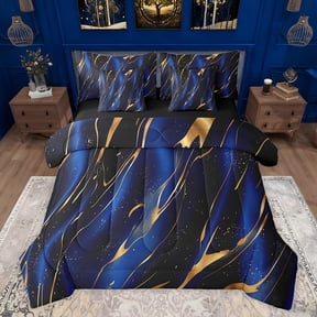 jejeloiu Abstract Fulid Stripe 7-Piece Twin Bedding Sets,Modern Marble Aesthetic Bedding Comforter Set,Gold Blue Sheet Sets For Kids,Microfiber Bedroom Decor Reversible