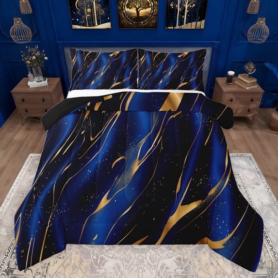 jejeloiu Abstract Fulid Stripe Bedding Comforter Set,Modern Marble Aesthetic Twin Comforter Sets,Gold Blue Bedding Set For Kids,Microfiber Bedroom Decor Reversible,2-Piece