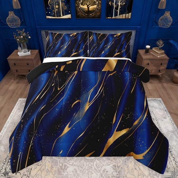 jejeloiu Abstract Fulid Stripe Queen Comforter Set,Modern Marble Aesthetic Bedding Sets,Gold Blue Bedding Comforter Set For Kids,Microfiber Bedroom Decor Reversible,3pcs