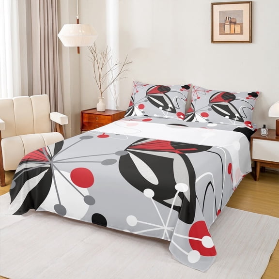 jejeloiu Abstract Geometric Bed Sheets,Geometric Circle Dot King Sheets,Red Black Gray Sheet Set For Men Women,Breathable Home Decor,4pcs