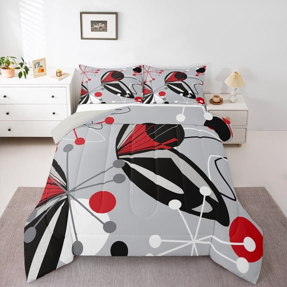 jejeloiu Abstract Geometric Bedding Comforter Set,Geometric Circle Dot Twin Comforter Sets,Red Black Gray Bedding Set For Men Women,Breathable Home Decor Reversible,2pcs