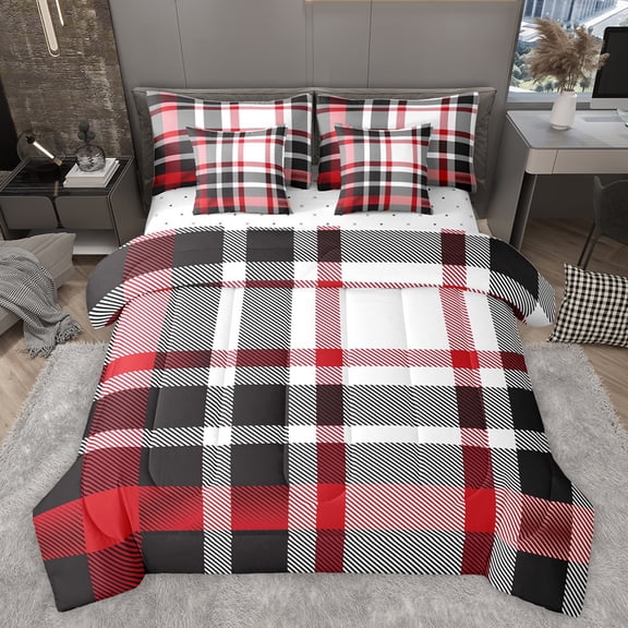 jejeloiu Abstract Geometric Grid 7-Piece Twin Bedding Sets,Checkered Plaid Pattern Bedding Comforter Set,Pink Black White Line Sheet Sets For Girls Kids,Microfiber Bedroom Decor Reversible