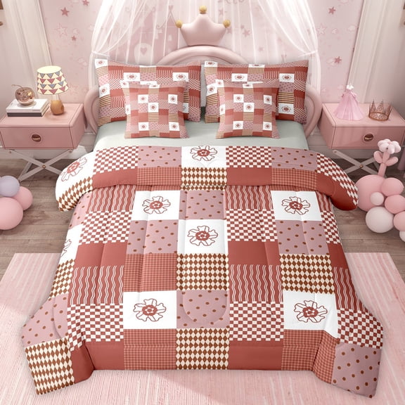 jejeloiu Abstract Geometric Grid 7pcs Bedding Comforter Set,Rhombus Circle Pattern Queen Bedding Sets,Red White Check Queen Sheet Sets For Girls Kids,Microfiber Bedroom Decor Reversible