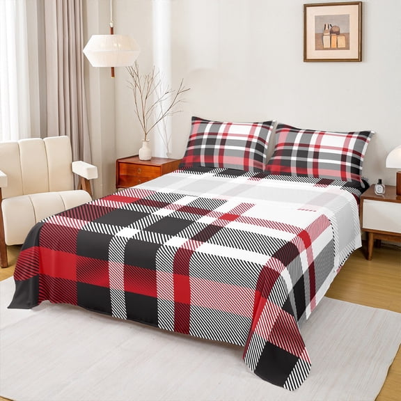 jejeloiu Abstract Geometric Grid Bed Sheets,Checkered Plaid Pattern King Sheets,Pink Black White Line Sheet Set For Girls Kids,Microfiber Bedroom Decor,4-Piece