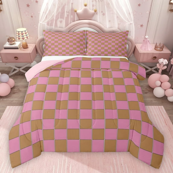 jejeloiu Abstract Geometric Grid Full Size Comforter Sets,Checkered Plaid Pattern Bedding Comforter Set,Pink Brown Check Bedding Sets For Girls Kids,Microfiber Bedroom Decor Reversible,3pcs
