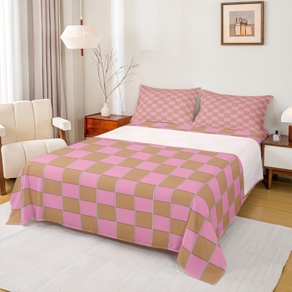 jejeloiu Abstract Geometric Grid Twin Sheet Sets,Checkered Plaid Pattern Twin Fitted Sheet,Pink Brown Check Flat Sheet For Girls Kids,Microfiber Bedroom Decor,3 Pieces