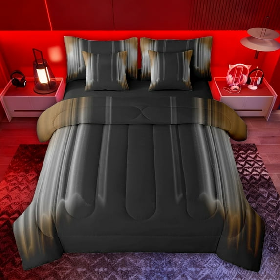 jejeloiu Abstract Geometric Line 7-Piece Twin Bedding Sets,Black Gray Bedding Comforter Set For Men Women Reversible