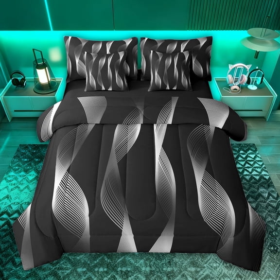 jejeloiu Abstract Geometric Line 7-Piece Twin Bedding Sets,Gray Stripes Bedding Comforter Set For Men Women Reversible