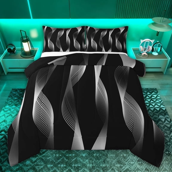 jejeloiu Abstract Geometric Line Full Size Comforter Sets,Gray Stripes Bedding Sets For Men Women Reversible 3-Piece