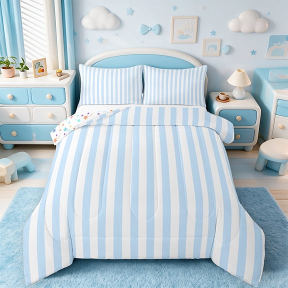 jejeloiu Abstract Geometric Lines Bedding Comforter Set,Geometric Theme Twin Comforter Sets,Blue White Stripes Bedding Set For Children,Breathable Home Decor Reversible,2 Pieces