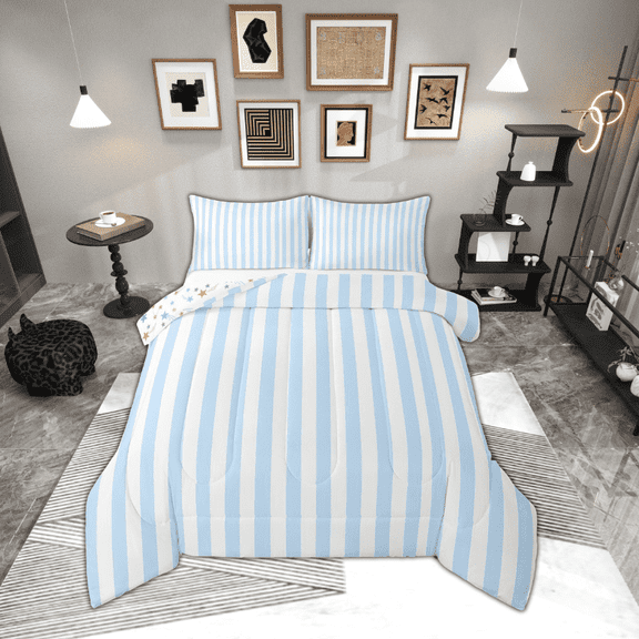 jejeloiu Abstract Geometric Lines Queen Comforter Set,Geometric Theme Bedding Sets,Blue White Stripes Bedding Comforter Set For Children,Breathable Home Decor Reversible,3-Piece