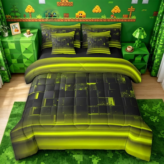 jejeloiu Abstract Geometric Plaid 7-Piece Twin Bedding Sets For Boys,Yellow Neon Stripes Bedding Comforter Set For Kids,Reversible