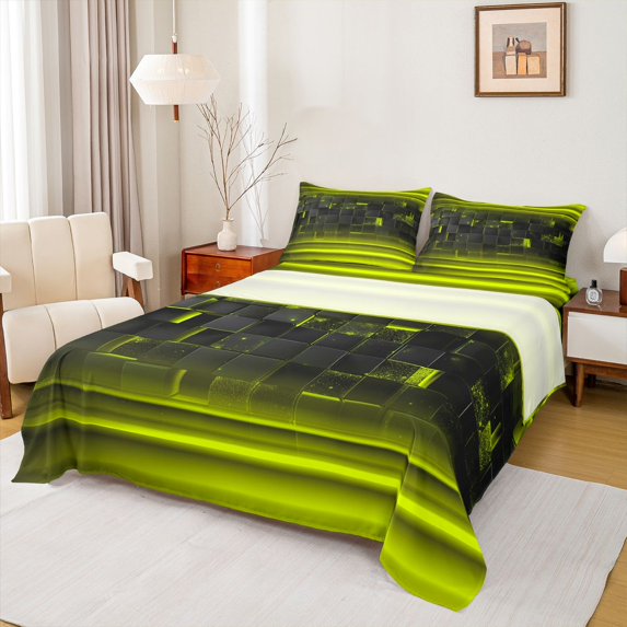 jejeloiu Abstract Geometric Plaid Bed Sheets For Boys,Yellow Neon Stripes King Sheets For Kids,4 Pieces
