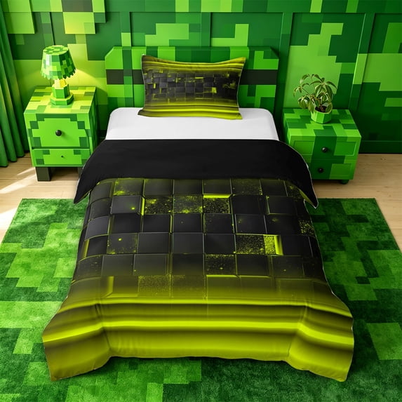 jejeloiu Abstract Geometric Plaid Twin Bedding For Boys,Yellow Neon Stripes Duvet Cover Set For Kids,Reversible,2 Pieces(No Comforter)