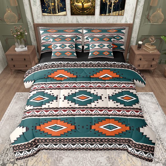 jejeloiu Abstract Geometric Rhombus 7-Piece Bedding Comforter Set,Boho Exotic Style King Bedding Sets,Rustic Aztec Triangle Bed Sheets For Adults,Super Cozy Room Decor Reversible