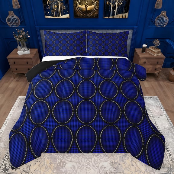jejeloiu Abstract Geometric Rhombus Bedding Comforter Set,Circle Circular Pattern Twin Comforter Sets,Blue Black Bedding Set For Adult,Luxury Bedroom Decor Reversible,2pcs