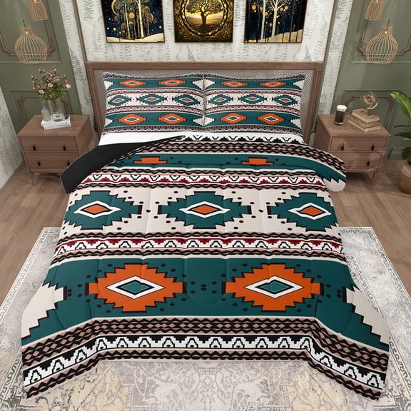 jejeloiu Abstract Geometric Rhombus Queen Comforter Set,Boho Exotic Style Bedding Sets,Rustic Aztec Triangle Bedding Comforter Set For Adults,Super Cozy Room Decor Reversible,3-Piece