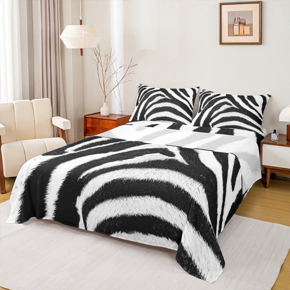 jejeloiu Abstract Geometric Stripe Bed Sheets,Zebra Hide King Sheets,White Black Sheet Set For Adults,Ultra Soft Home Decor,4pcs