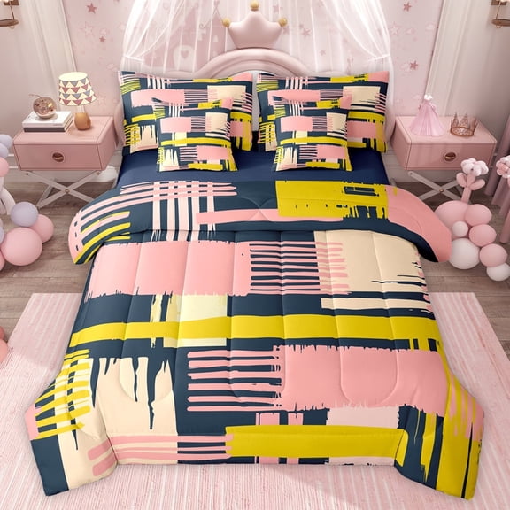 jejeloiu Abstract Geometric Striped 7-Piece Bedding Comforter Set,Retro Lines Pattern King Bedding Sets,Pink Orange Deepblue Bed Sheets For Girls Kids,Breathable Home Decor Reversible