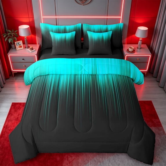 jejeloiu Abstract Geometric Striped 7pcs Bedding Comforter Set For Boys,Teal Black Ombre Queen Bedding Sets For Kids,Reversible