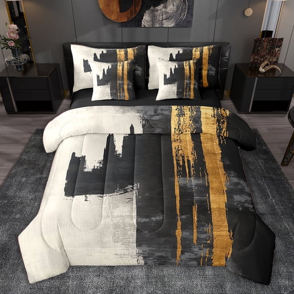 jejeloiu Abstract Geometric Striped 7pcs Bedding Comforter Set,Gold Black Gray Queen Bedding Sets For Men Women Reversible
