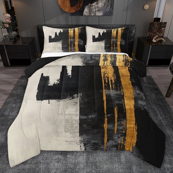 jejeloiu Abstract Geometric Striped Queen Comforter Set,Gold Black Gray Bedding Comforter Set For Men Women Reversible 3-Piece