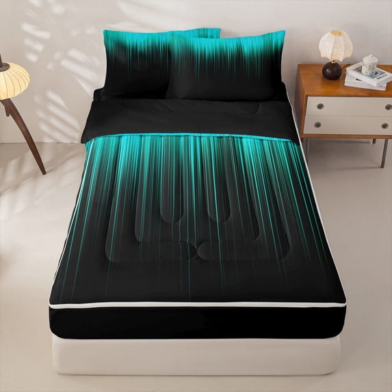 jejeloiu Abstract Geometric Striped Zipper Full Size Comforter Sets with Fitted Sheet and 2 Pillowcases For Boys,Teal Black Ombre Zipper Bedding Set For Kids,Reversible,4 Pieces