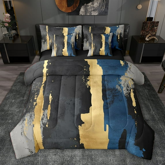 jejeloiu Abstract Geometric Stripes 7 Pieces Bedding Comforter Set,Black Blue Gold Full Bedding Set For Men Women Reversible