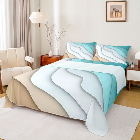 jejeloiu Abstract Geometric Stripes Bed Sheets,Waves Stripes Lines King Sheets,White Brown Blue Sheet Set For Adults,Luxury Bedroom Decor,4 Pieces