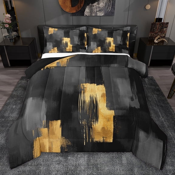 jejeloiu Abstract Geometric Stripes Full Size Comforter Sets,Black Gold Bedding Sets For Men Women Reversible 3 Pieces