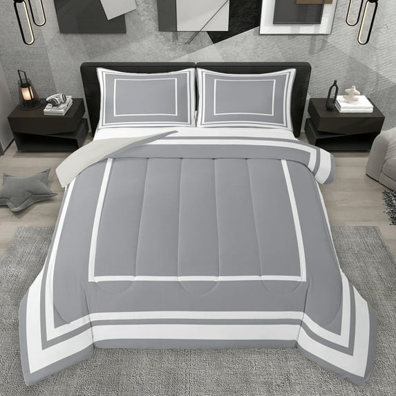 jejeloiu Abstract Geometric Stripes Full Size Comforter Sets,Minimalism Square Pattern Bedding Comforter Set,Light Gray White Bedding Sets For Kids,Ultra Soft Home Decor Reversible,3 Pieces