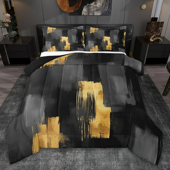 jejeloiu Abstract Geometric Stripes Queen Comforter Set,Black Gold Bedding Comforter Set For Men Women Reversible 3pcs
