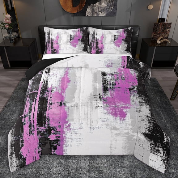 jejeloiu Abstract Geometric Stripes Queen Comforter Set,Pink Black Batik Bedding Comforter Set For Men Women Reversible 3pcs