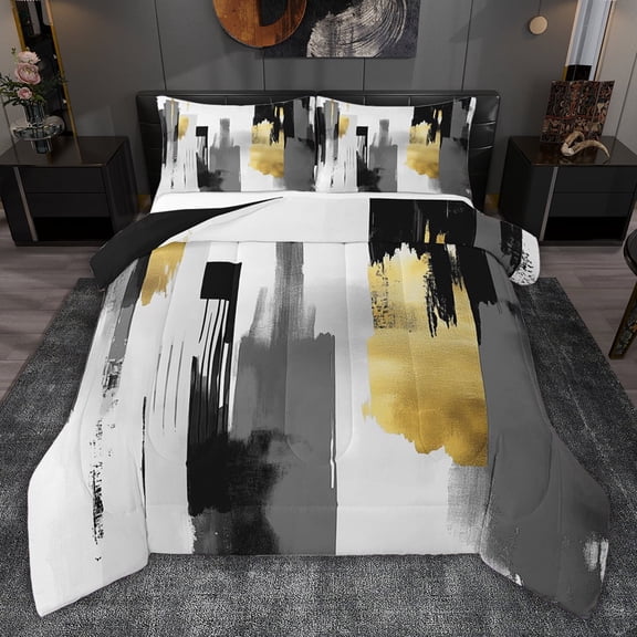 jejeloiu Abstract Geometric Stripes Queen Comforter Set,White Gray Gold Bedding Comforter Set For Men Women Reversible 3pcs