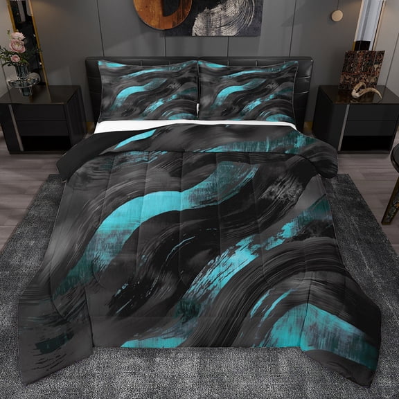 jejeloiu Abstract Geometric Stripes Twin Comforter Sets,Cyan Black Bedding Set For Men Women Reversible 2-Piece