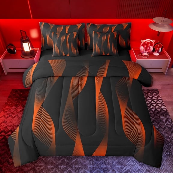 jejeloiu Abstract Geometric Strips 7 Pieces Bedding Comforter Set,Orange Black Full Bedding Set For Adults Reversible