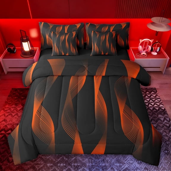 jejeloiu Abstract Geometric Strips 7pcs Bedding Comforter Set,Orange Black Queen Bedding Sets For Adults Reversible