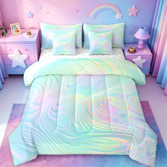 jejeloiu Abstract Geometric Swirl Pattern 7pcs Bedding Comforter Set Kids,Multicolor Pattern Queen Bedding Sets For Girls,Reversible