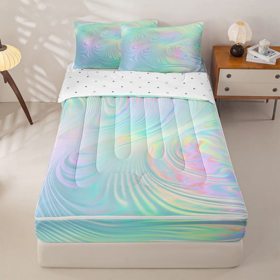 jejeloiu Abstract Geometric Swirl Pattern Zipper Twin Comforter Sets with Fitted Sheet and 2 Pillowcases Kids,Multicolor Pattern Zipper Bedding Set For Girls,Reversible,4 Pieces