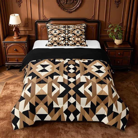 jejeloiu Abstract Geometric Twin Comforter Sets,Tribal Motif Bedding Set For Boys,Beige Brown,Black Reversible,2 Pieces,1 Comforter and 1 Pillowcase