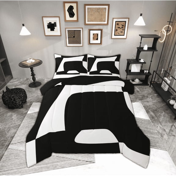 jejeloiu Abstract Geometric PatternQueen Comforter Set,Geometric Artwork Bedding Sets,White Minimalist Aesthetic Bedding Comforter Set,Breathable Room Decor Reversible,3pcs