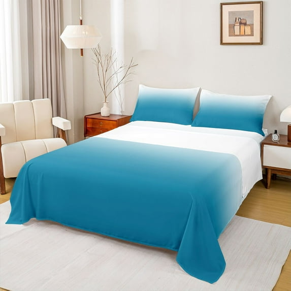 jejeloiu Abstract Gradient Effects Twin Sheet Sets,Minimalsim Ombre Twin Fitted Sheet,White Blue Flat Sheet For Kids,Breathable Home Decor,3 Pieces