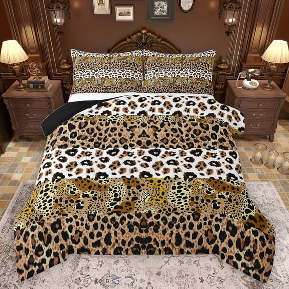 jejeloiu Abstract Leopard Pattern Queen Comforter Set,Wild Animal Cheetah Bedding Sets,Brown White Black Bedding Comforter Set For Girl Kids,Luxury Bedroom Decor Reversible,3pcs