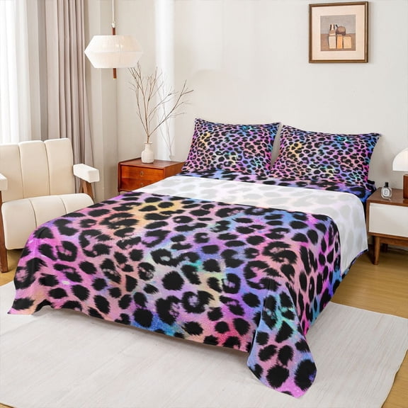 jejeloiu Abstract Leopard Print Full Size Sheets,Rustic Farmhouse Bed Sheets,Pink Purple Ombre Sheet Sets For Girl,Microfiber Bedroom Decor,4 Pieces