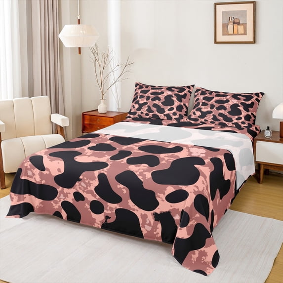 jejeloiu Abstract Leopard Print Queen Sheet Sets,Retro Rustic Farmhouse Flat Sheet,Black Pink Queen Fitted Sheet For Girl,Microfiber Bedroom Decor,4-Piece
