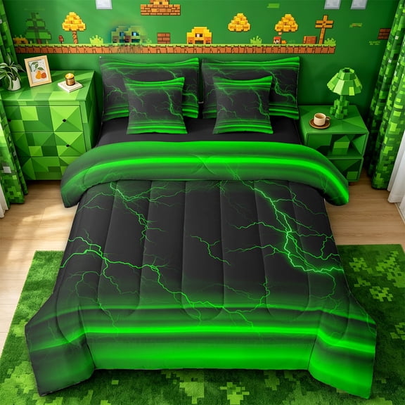 jejeloiu Abstract Lightning Print 7pcs Bedding Comforter Set For Kids,Green Black Queen Bedding Sets For Boys,Reversible